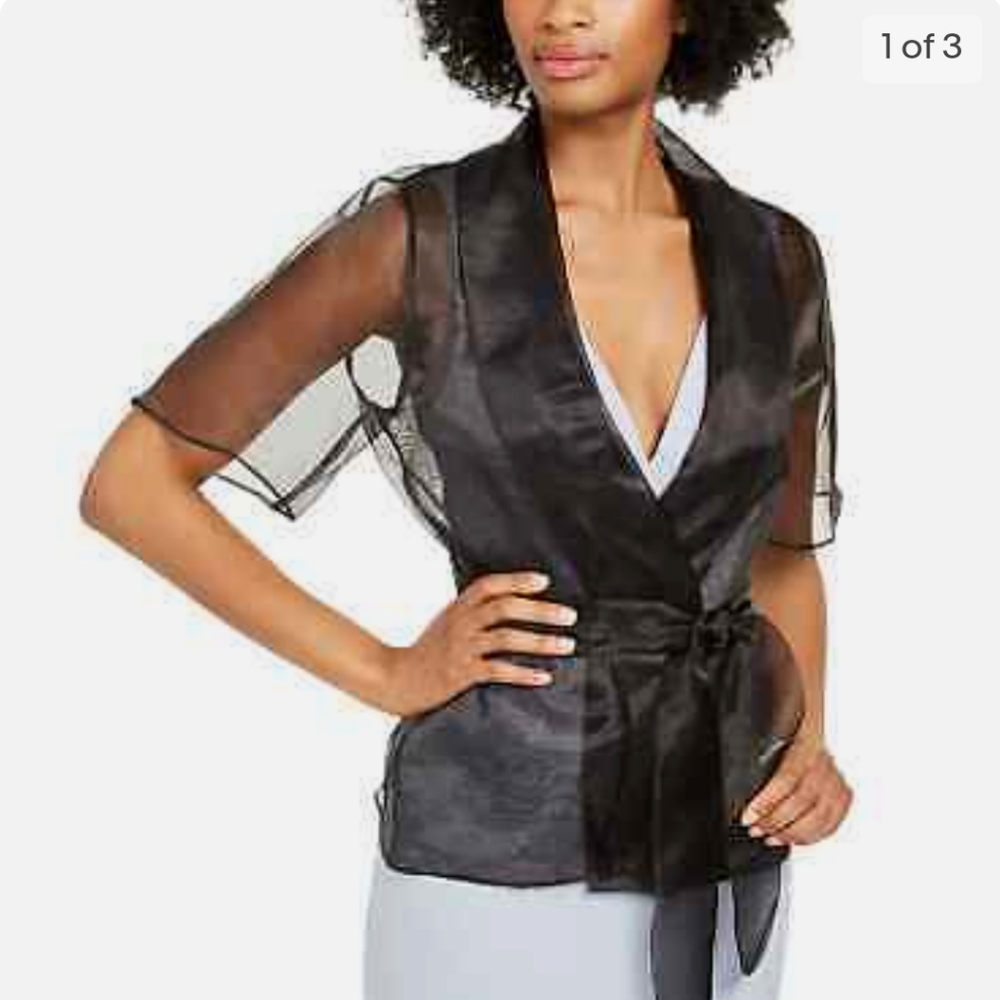 Adrianna Papell Black Sheer Wrap Shrug with Satin Trim